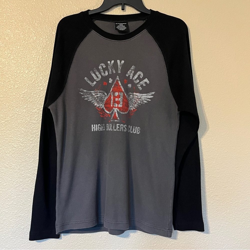 No Boundaries Men’s M Gray and Black Graphic Waffle Knit Long Sleeve Tee